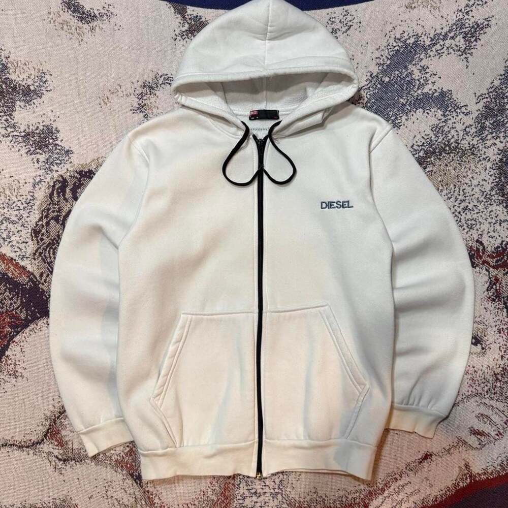 Diesel Y2K Embroidered Big Logo Zip Up Hoodie White Size M